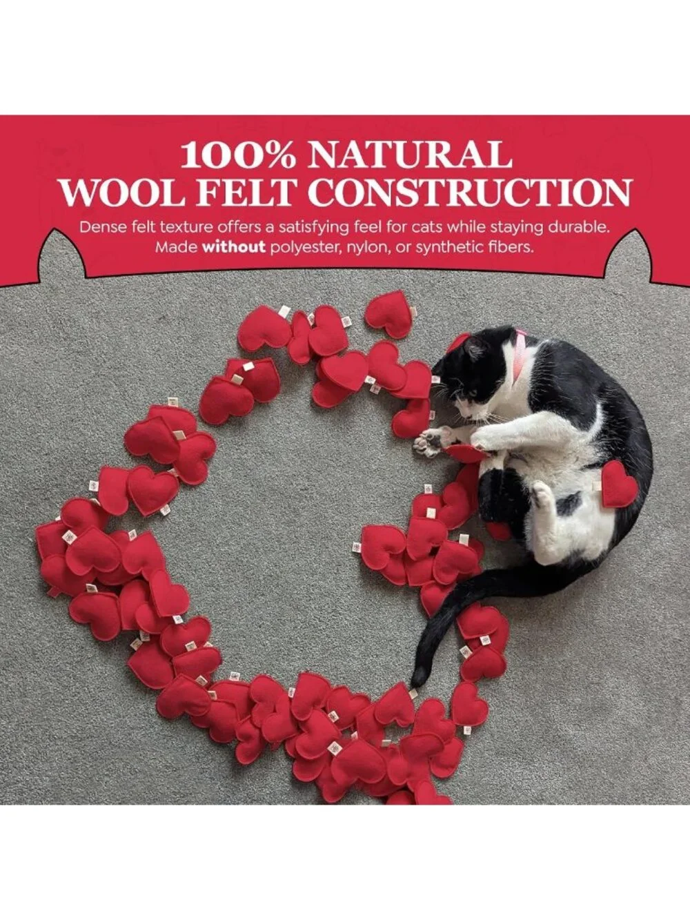 Organic Catnip Heart Toys - 100% Wool Felt, USA-Made, Red, 4 Pack for Cats